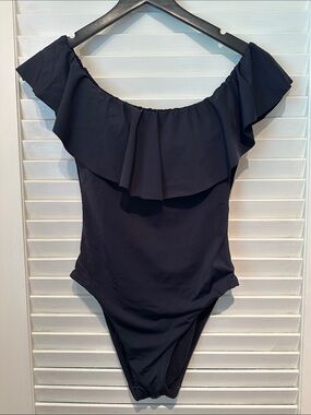 Trina Turk Black Off-Shoulder Ruffle One-Piece Swimsuit